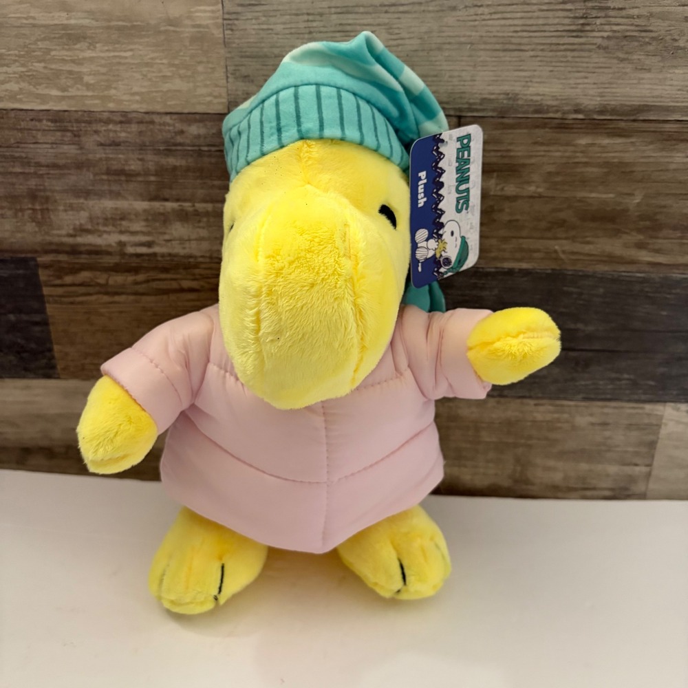 Peanuts Woodstock Plush Yellow Bird Pink Puffer Jacket Teal Striped Hat NWT